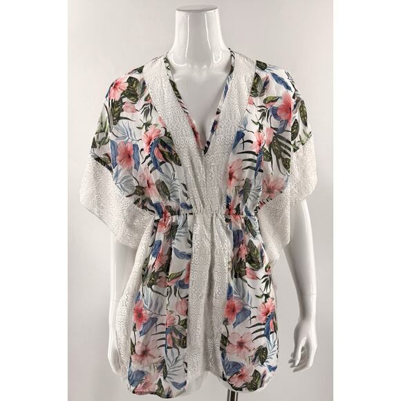 Milken Swimsuit Cover Up Juniors Lace Trim Caftan White Floral Size Small NEW - Picture 1 of 9